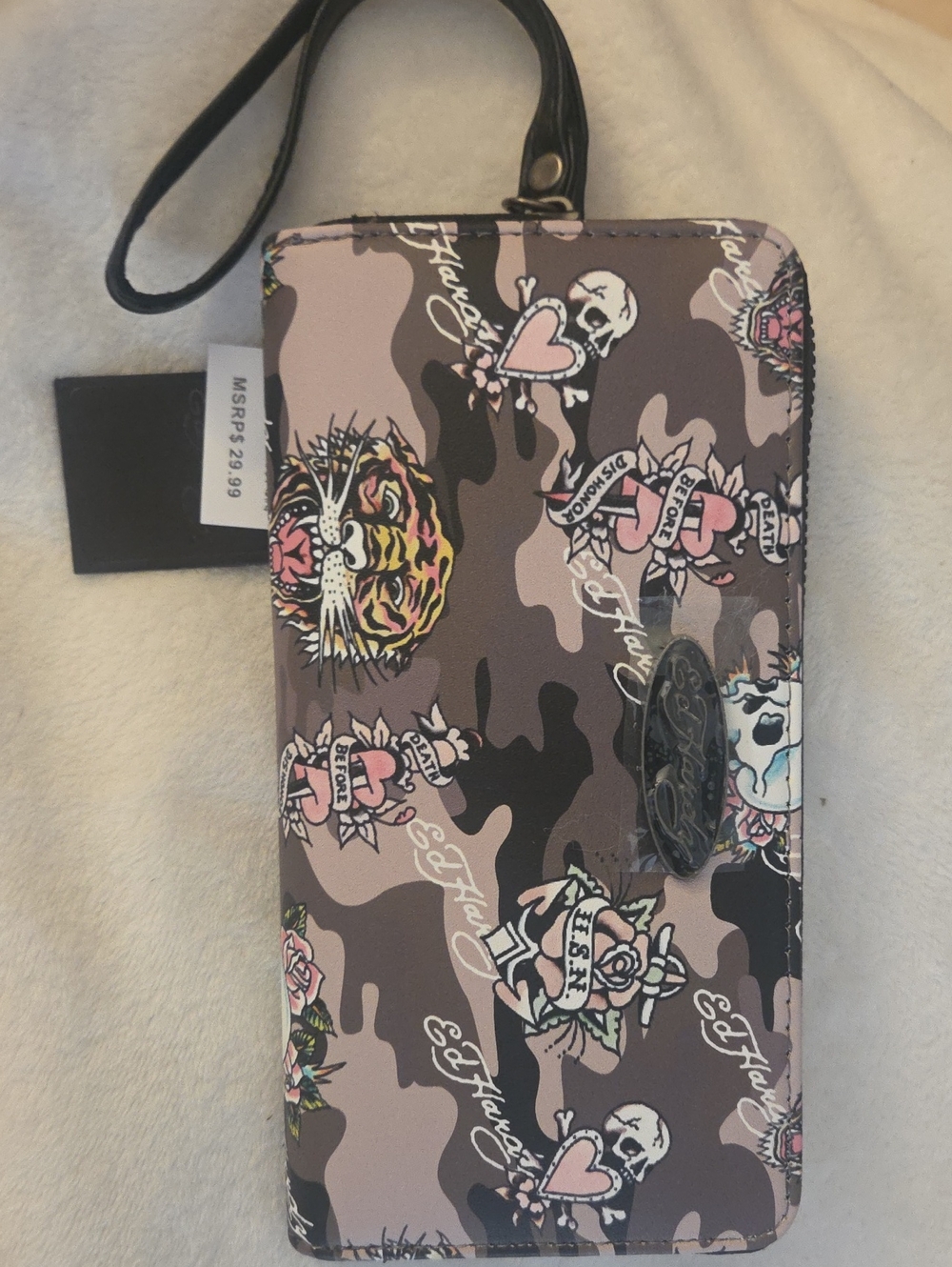 Ed Hardy Pink Camo Tattoo-Print Wristlet Phone Case